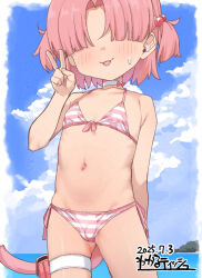 1girl :3 adversarial_noise bikini blue_archive blue_sky blush bow bow_choker cameltoe cat_girl cat_tail chlorella_observation_club_member_(blue_archive) chlorella_observation_club_member_(swimsuit)_(blue_archive) choker dated day facing_viewer female_focus flat_chest hair_bobbles hair_ornament hair_over_eyes highres kanabun loli navel official_alternate_costume open_mouth paid_reward_available pink_bikini pink_bow pink_hair signature sky solo striped_bikini striped_clothes swimsuit tail thigh_strap two_side_up v white_choker