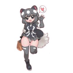 1girl :d animal_ears bag black_boots black_eyes black_hair black_vest blush boots breasts commentary_request commission elbow_gloves fangs full_body gloves grey_gloves grey_skirt grey_thighhighs heart highres holding holding_bag kemono_friends kuro_(kurojill) looking_at_viewer medium_breasts multicolored_hair necktie open_mouth outline panties pantyshot paper_bag pink_outline pleated_skirt second-party_source shirt short_hair short_sleeves simple_background skirt skunk_ears skunk_girl skunk_tail smile solo spoken_heart spotted_skunk_(kemono_friends) standing standing_on_one_leg tail thigh_gap thighhighs two-tone_hair underwear vest waving white_background white_hair white_necktie white_panties