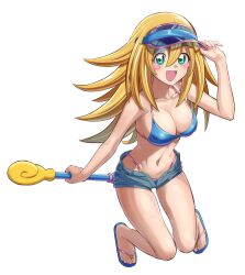 1girl absurdres bikini blonde_hair blue_bikini blue_hat blue_sandals blush_stickers breasts cleavage commission dark_magician_girl duel_monster flip-flops green_eyes hand_on_own_hat hat highres holding holding_wand medium_breasts nail_polish navel ogi_non sandals short_shorts shorts skeb_commission solo staff swimsuit visor_cap wand yu-gi-oh! yu-gi-oh!_duel_monsters