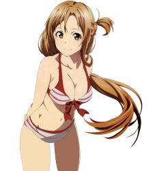10s 1girl asuna_(sao) bikini breasts brown_eyes brown_hair female_focus floating_hair large_breasts leaning_forward long_hair looking_at_viewer smile solo standing swimsuit sword_art_online thigh_gap thighs
