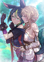 1boy 1girl animal_ear_fluff animal_ears bare_shoulders behind_another black_hair blonde_hair blush breast_press breasts brown_gloves chinese_commentary chinese_text commentary_request dated detached_sleeves dress fei_luo_mao fox_boy fox_ears fox_tail from_side genshin_impact gloves green_eyes green_hair green_tail hetero highres long_sleeves lumine_(genshin_impact) medium_breasts multicolored_hair outdoors short_hair sidelocks streaked_hair sweat tail tighnari_(genshin_impact) translation_request upper_body white_dress white_sleeves yellow_eyes