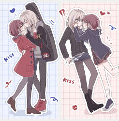!? 2girls absurdres black_boots black_choker black_jacket black_pants black_sweater blue_shoes blue_shorts blush boots brown_shoes choker closed_eyes closed_mouth coat commentary earclip girls_band_cry grey_eyes grey_hair grey_hoodie grey_pantyhose grid_background guitar_case hamchan69 hand_on_another&#039;s_face hand_on_another&#039;s_waist heart highres hood hoodie imminent_kiss instrument_case instrument_on_back iseri_nina jacket kawaragi_momoka long_hair long_sleeves multicolored_hair multiple_girls pants pantyhose pleated_skirt red_coat red_hair red_shoes red_skirt roots_(hair) shoes short_twintails shorts skirt socks sweatdrop sweater twintails white_socks yuri