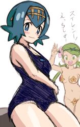 2girls :d arm_up blue_eyes blue_hair blush breasts bright_pupils cowboy_shot creatures_(company) flower game_freak gen_1_pokemon green_eyes green_hair hair_flower hair_ornament hairband lana_(pokemon) long_hair looking_at_viewer mallow_(pokemon) medium_breasts multiple_girls nakaba navel nintendo one-piece_swimsuit open_mouth pale_skin pokemon pokemon_(creature) pokemon_sm short_hair simple_background sitting sketch smile standing staryu stomach swimsuit tan thighs translated trial_captain twintails white_background