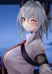 Rule 34 | 1girl, absurdres, aoisabu, armband, black armband, black choker, black horns, blurry, blurry background, breasts, choker, commentary request, curled horns, from side, grey hair, hair between eyes, highres, horns, large breasts, looking at viewer, medium hair, mole, mole under eye, multicolored hair, necktie, one eye closed, parted lips, red eyes, red necktie, shirt, smile, solo, streaked hair, upper body, white shirt, wuthering waves, zani (wuthering waves)