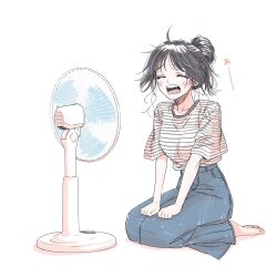 1girl blue_skirt blush closed_eyes electric_fan hair_bun hair_up highres kaoru_hana_wa_rin_to_saku long_skirt mikami_saka official_art open_mouth seiza shirt short_sleeves simple_background single_hair_bun sitting skirt solo striped_clothes striped_shirt teeth translation_request waguri_kaoruko white_background white_shirt