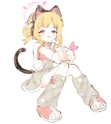 1girl animal_ear_headphones animal_ears blonde_hair blue_archive cat_ear_headphones cat_tail fake_animal_ears full_body grey_overalls grey_socks hair_bun halo headphones kneehighs looking_at_viewer loose_socks momoi_(blue_archive) overall_skirt overalls pink_eyes pink_halo shinbashi_seiji shirt shoes short_hair short_sleeves simple_background sitting sneakers socks solo tail v-shaped_eyebrows white_background white_shirt