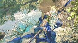 1girl absurdres against_tree ahoge artoria_pendragon_(fate) blonde_hair blue_dress blue_ribbon blurry branch caliburn_(fate) cape chinese_commentary closed_eyes commentary_request day depth_of_field dress english_text fate/grand_order fate_(series) flower fur-trimmed_cape fur_trim gold_trim grass hair_down highres holding holding_sword holding_weapon juliet_sleeves layered_dress leaf lily_(flower) long_hair long_sleeves outdoors parted_lips puffy_sleeves ribbon saber_(fate) sidelocks sitting sleeping sleeves_past_wrists solo sword tree unworn_cape water watermark weapon weibo_watermark white_dress white_flower white_lily z3zz4