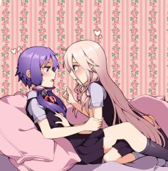 2girls black_skirt blue_eyes blush braid commentary english_commentary grabbing_another&#039;s_breast gradient_hair groping hand_on_another&#039;s_arm heart highres ia_(vocaloid) kneehighs long_hair looking_at_another multicolored_hair multiple_girls n0_image open_mouth pillow pink_hair pleated_skirt purple_eyes purple_hair purple_socks short_hair_with_long_locks skirt socks twintails vocaloid yuri yuzuki_yukari