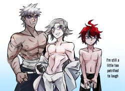 3boys ahoge aotsuki_eito black_hair blue_background blue_eyes collarbone english_text facial_scar fingernails gradient_background male_focus multicolored_hair multiple_boys muscular muscular_male navel nipples red_hair scar scar_on_arm scar_on_cheek scar_on_chest scar_on_face scared shirtless_male simple_background sumino_takumi the_hundred_line_-last_defense_academy- topless_male white_hair yakushiji_takemaru