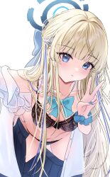 1girl absurdres black_bra black_panties blonde_hair blue_archive blue_bow blue_bowtie blue_eyes blue_hair blue_halo blue_scrunchie blue_skirt blush bow bowtie bra braid breasts buttons byakko_0410 closed_mouth collarbone cowboy_shot half_up_braid halo highres multicolored_hair nail_polish panties pleated_skirt scrunchie shirt simple_background skirt small_breasts solo streaked_hair toki_(blue_archive) underwear v white_background white_shirt wrist_scrunchie