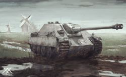 artist_name bluemole caterpillar_tracks cloud commentary cross day emblem english_commentary grass highres iron_cross jagdpanther military military_vehicle motor_vehicle mud no_humans original sky smoke tank tank_destroyer traditional_media turretless_tank vehicle_focus water windmill