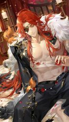 1boy abs animal animal_on_shoulder bandaged_arm bandaged_waist bandages bare_pectorals barefoot beads black_jacket black_pants blood blood_stain candle closed_mouth eyelashes eyepatch fire foot_out_of_frame fur-trimmed_jacket fur_trim hair_censor hair_spread_out highres holding_orb hua_yi_shanxin_zhiyue jacket jacket_partially_removed lips long_hair male_focus on_bed pants pectorals red_hair sidelocks sitting smile solo squirrel thick_eyebrows very_long_hair ye_dian_pikaqiu yellow_eyes yi_lantian