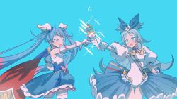 2girls :d blue_background blue_bow blue_eyes blue_hair blue_skirt blue_theme blush bow cape cure_sky detached_sleeves fingerless_gloves gloves gradient_hair hair_bow heart heart_print hello_silly0081 hirogaru_sky!_precure leotard long_hair magical_girl multicolored_hair multiple_girls open_mouth pink_hair precure princess_ripple princession_orchestra red_cape short_sleeves showgirl_skirt skirt smile sora_harewataru standing thigh_gap thighhighs twintails underbust very_long_hair white_gloves white_leotard white_sleeves white_thighhighs zettai_ryouiki