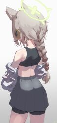 1girl absurdres animal_ears bike_shorts blue_archive braid brown_hair dan_nako fox_ears fox_girl from_behind green_halo halo headset highres nape otogi_(blue_archive) pleated_skirt shirt simple_background skirt sports_bra undressing unworn_shirt white_shirt