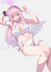 Rule 34 | 1girl, absurdres, angel wings, armband, bikini, blue archive, breasts, chinese commentary, cleavage, commentary, criss-cross halter, feathered wings, frilled armband, frilled thigh strap, frills, grey background, hair bun, hair ribbon, halo, halterneck, highres, hitori yui, large breasts, long hair, low wings, mika (blue archive), navel, open mouth, pink armband, pink hair, pink halo, purple scrunchie, ribbon, scrunchie, shiny skin, simple background, single side bun, smile, solo, stomach, swimsuit, thigh strap, thighs, white bikini, white ribbon, white wings, wings, wrist scrunchie, yellow eyes