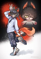 1boy aak_(arknights) arknights black_pants black_shirt commentary_request dated eyewear_on_head fang furry furry_male hair_over_one_eye highres holding holding_stuffed_toy jacket jewelry komainu_boy komainu_ears komainu_tail looking_at_viewer male_focus one_eye_covered open_mouth pants pawpads ring shirt smile stuffed_toy tobiiiikawa tongue tongue_out twitter_username v white_footwear white_jacket