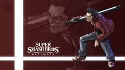 1boy absurdres black_hair commission denim energy_sword gloves highres jacket jeans male_focus nin_nakajima nintendo no_more_heroes pants shirt short_hair simple_background smile solo sunglasses super_smash_bros. sword travis_touchdown weapon