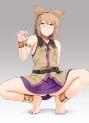 Rule 34 | 1girl, absurdres, arm behind back, baketsuya, bare legs, bare shoulders, barefoot, blonde hair, blush, breasts, collared shirt, commentary request, grabbing own ass, grin, half-closed eyes, hand up, handjob gesture, highres, legs, looking at viewer, medium hair, miniskirt, nail polish, naughty face, purple nails, purple skirt, shirt, skirt, sleeveless, sleeveless shirt, small breasts, smile, smug, solo, spread legs, squatting, thighs, tiptoes, touhou, toyosatomimi no miko, upskirt, yellow eyes