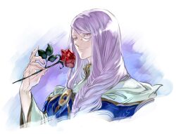 1boy bishounen braid chrom_rem closed_mouth dame_x_prince fingernails flower highres holding holding_flower looking_at_viewer male_focus monocle purple_eyes purple_hair red_flower red_rose robe rose signature suzuki_rika wide_sleeves