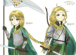 2boys aegnor angrod armor artist_name banner blonde_hair blue_eyes bow_(weapon) braid brothers cape character_name closed_mouth dated elf flag floating_hair holding holding_banner holding_flag holding_sword holding_weapon jewelry long_hair male_focus multiple_boys pointy_ears prince siblings sword the_silmarillion tiara tolkien&#039;s_legendarium upper_body weapon windrelyn