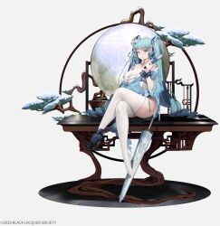 1girl absurdres aqua_hair bare_shoulders black_panties black_shoes blackcat_enjia blush branch breasts commentary crossed_legs dated dress english_commentary floral_print flower flower_ornament folded_fan folding_fan full_body goddess_of_victory:_nikke hair_flower hair_ornament hand_fan hand_up high_heels highres holding holding_fan jewelry large_breasts long_hair long_sleeves necklace off_shoulder panties privaty_(nikke) shoes simple_background single_shoe sitting snow solo teeth thighhighs twintails underwear white_background white_thighhighs yellow_eyes