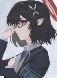 Rule 34 | 1girl, adjusting eyewear, aster (teslavision), ayane (blue archive), black hair, black jacket, blue archive, blue necktie, closed mouth, commentary request, from side, glasses, hair between eyes, halo, highres, holding, holding tablet pc, jacket, necktie, pointy ears, red-framed eyewear, red halo, shirt, short hair, solo, sweater, tablet pc, upper body, white shirt, yellow eyes, yellow sweater
