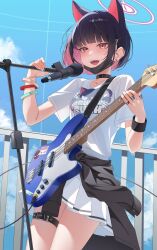 animal_ears bass_guitar black_mask blue_archive cat_ears clothes_around_waist colored_inner_animal_ears colored_inner_hair extra_ears fender_jazz_bass halo highres holding holding_bass_guitar holding_instrument instrument jacket jacket_around_waist kazusa_(band)_(blue_archive) kazusa_(blue_archive) mask mouth_mask multicolored_hair pink_halo print_shirt ran_(gcrm8377) shirt skirt white_skirt
