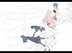 2girls absurdres asahina_yuni bare_shoulders beach bow breasts collarbone dress haoxiangkan_nutong highres holding_hands jacket kyou_wa_kanojo_ga_inai_kara large_breasts multiple_girls ocean open_clothes open_jacket outdoors red_bow short_hair short_sleeves smile taki_fuuko water white_dress white_jacket yuri