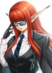 Rule 34 | 1girl, alternate costume, artist name, black gloves, black jacket, black suit, blue necktie, blunt bangs, collared shirt, commentary, commentary request, english commentary, eyelashes, formal clothes, gloves, green eyes, highres, hulkenberg (metaphor: refantazio), jacket, long pointy ears, looking at viewer, masatoshi 1219, metaphor: refantazio, mixed-language commentary, necktie, parted lips, pink lips, pointy ears, shirt, simple background, smile, solo, standing, suit, sunglasses, white background, white shirt