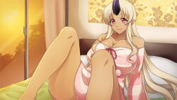 1girl artist_request bare_shoulders blonde_hair breasts cleavage dark-skinned_female dark_skin dress game_cg horns huge_breasts indoors long_hair looking_at_viewer monster_musume_no_iru_nichijou monster_musume_no_iru_nichijou_online off-shoulder_sweater off_shoulder official_art on_bed pink_sweater pointy_ears red_eyes single_horn sitting solo striped_clothes striped_sweater sweater sweater_dress tionishia