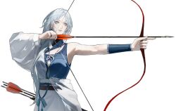 1girl aqua_eyes archery arm_guards arm_out_of_sleeve arrow_(projectile) blue_sash bow_(weapon) chinese_clothes chinese_commentary commentary_request drawing_bow du_ruo_(path_to_nowhere) forehead hadanugi_dousa hair_intakes hanfu holding holding_bow_(weapon) holding_weapon houraisan_chouko jewelry long_hair necklace open_kimono parted_bangs path_to_nowhere quiver sash simple_background solo sweat upper_body weapon white_background white_hair white_hanfu