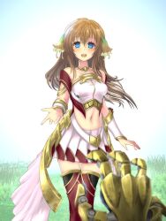 1girl 1other ar_nosurge bare_shoulders blue_eyes brown_hair crop_top earthes grass hair_between_eyes highres ionasal_kkll_preciel long_hair looking_at_viewer mechanical_arms mobuseibihei navel open_mouth pleated_skirt skirt solo_focus strapless surge_concerto teeth thighhighs tube_top upper_teeth_only vambraces white_skirt white_tube_top zettai_ryouiki
