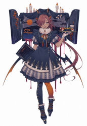Rule 34 | 1girl, :d, ambiguous red liquid, ankle boots, apple, apron, argyle clothes, argyle dress, asymmetrical legwear, black apron, black boots, black horns, black pantyhose, black wings, boots, brown hair, bug, candle, cloud, commentary, cup, curtains, dark-skinned female, dark skin, demon girl, demon horns, demon wings, disposable cup, dress, drinking straw, english commentary, fangs, food, food bite, frilled apron, frilled dress, frills, fruit, full body, full moon, fur-trimmed boots, fur collar, fur trim, gloves, gradient wings, grey dress, hair over one eye, halloween, happy halloween, holding, holding menu, holding tray, horns, hot dog, insect, lace-up boots, long hair, looking at viewer, low ponytail, maid, maid apron, maid headdress, medium dress, menu, mismatched legwear, mono (miso kuronowish), moon, moth, multicolored wings, neck ribbon, open mouth, open window, orange pantyhose, orange ribbon, orange wings, original, pantyhose, platform boots, pointy ears, ponytail, print apron, print dress, puffy short sleeves, puffy sleeves, purple eyes, ribbon, short sleeves, silk, simple background, smile, solo, spider web, standing, straight-on, tray, very long hair, white background, white gloves, window, wings