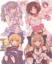 4girls :3 :d ;d animal_ears asymmetrical_hair bare_arms bare_shoulders bell black_bow black_bowtie black_dress black_gloves blonde_hair blue_bow bob_cut bow bowtie breasts brown_hair cat_ears cleavage clenched_hands closed_mouth clothing_cutout cropped_torso detached_collar detached_sleeves dress dress_bow fake_animal_ears flower frilled_sleeves frilled_wrist_cuffs frills gloves green_eyes hair_between_eyes hair_bow hair_flower hair_intakes hair_ornament hand_on_own_hip hands_up heart heart-shaped_pupils highres idolmaster idolmaster_cinderella_girls index_finger_raised kanzaki_ranko long_hair long_sleeves looking_at_viewer maekawa_miku medium_breasts miyamoto_frederica multiple_girls navel navel_cutout neck_bell one_eye_closed open_mouth own_hands_together pink_bow pink_bowtie pink_dress puffy_short_sleeves puffy_sleeves purple_bow purple_flower purple_rose red_eyes reference_inset rose sana5353 sato_shin short_hair short_sleeves simple_background sleeveless sleeveless_dress smile strapless strapless_dress symbol-shaped_pupils twintails upper_body white_background wrist_cuffs wristband