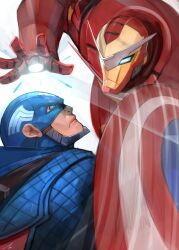 2boys absurdres animification arc_reactor armor avengers_(series) blue_bodysuit blue_eyes bodysuit captain_america closed_mouth gloves highres iron_man male_focus marvel marvel_tokon:_fighting_souls multicolored_armor multiple_boys power_armor shield simple_background steve_rogers superhero_costume tony_stark uniqros_artist yellow_armor