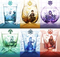 2boys 4girls absurdres anemo_symbol_(genshin_impact) aranara_(genshin_impact) dendro_symbol_(genshin_impact) earrings electro_symbol_(genshin_impact) furina_(genshin_impact) genshin_impact geo_symbol_(genshin_impact) glass highres hydro_symbol_(genshin_impact) jewelry kukatsuma mavuika_(genshin_impact) multiple_boys multiple_girls nahida_(genshin_impact) pyro_symbol_(genshin_impact) raiden_shogun venti_(genshin_impact) zhongli_(genshin_impact)