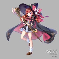 1girl cape capelet cloak dress female_focus flower full_body grey_background hair_flower hair_ornament hat legs long_hair looking_at_viewer original pink_eyes rebless ribbon shoes simple_background skirt smile solo teresia witch_hat yuasa_akira
