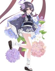 1girl absurdres black_sash blue_archive commentary_request dokomon floral_print floral_print_kimono flower hair_between_eyes hair_flower hair_ornament hairband haruka_(blue_archive) haruka_(new_year)_(blue_archive) highres japanese_clothes kimono korean_commentary long_hair looking_at_viewer obi official_alternate_costume open_clothes print_kimono purple_eyes purple_flower purple_hair purple_hairband purple_kimono sandals sash short_kimono sidelocks socks solo white_socks