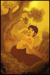 antennae breasts brown_hair felarya giant giantess highres karbo medium_breasts monster_girl navel nipples nude short_hair slug_girl tree vore