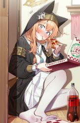 1girl absurdres animal_ear_headwear animal_ears black_veil blue_archive blue_eyes blush cat_ears cat_girl coat coif commentary english_commentary fake_animal_ears food halo highres holding holding_food holding_pizza long_hair looking_at_viewer mari_(blue_archive) muo_(muojjang_0929) nose_blush nun open_clothes open_coat orange_hair pantyhose pizza pizza_box pizza_slice soles solo veil white_coat white_pantyhose yellow_halo