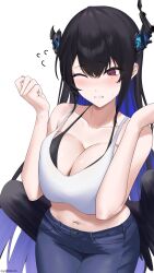 1girl absurdres alternate_costume asymmetrical_horns black_bra black_flower black_hair black_wings blue_hair blue_pants blush bra breasts breasts_squeezed_together cleavage clenched_teeth colored_inner_hair commentary cowboy_shot demon_horns denim english_commentary feathered_wings flower flying_sweatdrops gototo_touma hair_between_eyes highres hololive hololive_english horn_flower horns jeans large_breasts long_hair low_wings midriff mole mole_under_eye multicolored_hair navel nerissa_ravencroft one_eye_closed pants red_eyes simple_background small_sweatdrop solo standing tank_top tearing_up teeth twitter_username two-tone_hair underwear uneven_horns very_long_hair virtual_youtuber white_background white_tank_top wings