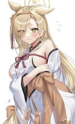 1girl animal_ears arm_under_breasts armpit_crease bare_shoulders blonde_hair blue_archive blush breasts brown_hairband c: closed_mouth commentary_request cowboy_shot detached_sleeves extra_ears eyelashes eyes_visible_through_hair eyeshadow flying_sweatdrops fox_ears furrowed_brow hair_behind_ear hair_over_one_eye hairband halo highres japanese_clothes kaho_(blue_archive) kimono large_breasts lips long_bangs long_hair long_sleeves looking_at_viewer makeup mole mole_under_mouth oshage_(osyage921) pink_eyeshadow short_eyebrows shy sideboob sideless_kimono signature simple_background smile solo split_mouth thick_eyebrows tsurime very_long_hair white_background white_kimono wide_sleeves yellow_eyes yellow_halo