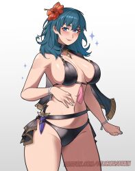 1girl absurdres bikini black_bikini blue_eyes blue_hair blush breasts choker cleavage closed_mouth dagger deliciousbrain female_byleth_(fire_emblem) female_byleth_(summer)_(fire_emblem) fire_emblem fire_emblem:_three_houses fire_emblem_heroes flower hair_flower hair_ornament hibiscus highres knife large_breasts long_hair looking_at_viewer navel nintendo official_alternate_costume red_flower sheath sheathed sideboob skindentation smile solo swimsuit thighs underboob weapon