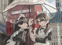 2girls apron black_dress blurry blush brown_eyes brown_hair dress frilled_apron frills hair_ornament holding holding_umbrella jpeg_artifacts_on_purpose long_hair long_sleeves maid maid_apron maid_headdress multiple_girls open_mouth original phone_booth puffy_sleeves shii_(kairi-t-k0317) umbrella upper_body white_apron