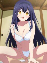1boy 1girl absurdres black_hair black_hairband bow bow_bra bow_panties bra breasts censored cleavage collarbone commentary feet_out_of_frame hairband hetero highres imminent_penetration imminent_vaginal indoors kushima_kamome long_hair looking_at_viewer medium_breasts mosaic_censoring navel open_mouth paid_reward_available panties penis pov pov_crotch rikka_(rikkaarts) signature solo_focus spread_legs squatting summer_pockets thighs underwear white_bra white_panties yellow_eyes