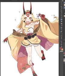 1girl art_program_in_frame blonde_hair candy colored_extremities facial_mark fangs fate/grand_order fate_(series) fingernails food foot_out_of_frame forehead_mark holding holding_candy holding_food horns ibaraki_douji_(fate) japanese_clothes kaigan0211 kimono long_hair looking_at_viewer oni open_mouth pointy_ears red_feet red_hands sharp_fingernails simple_background very_long_hair white_background yellow_eyes yellow_kimono