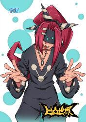 1boy :d aotu_world asymmetrical_bangs black_pants black_shirt blindfold collarbone copyright_name covered_eyes cowboy_shot fang hair_ornament high_ponytail jewelry long_hair long_sleeves looking_at_viewer male_focus necklace numbered official_art open_hands open_mouth pants ponytail print_shirt qi_chuang_she red_hair reid_(aotu_world) shirt simple_background smile solo third-party_source v-neck very_long_hair white_background