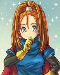 1girl absurdres aqua_background barbara_(dq6) black_sleeves blue_tunic breasts cape commentary_request detached_sleeves dragon_quest dragon_quest_vi earrings gloves gradient_background green_background hair_pulled_back hair_tubes hand_on_own_chin hand_on_own_hip high_ponytail highres jewelry looking_to_the_side medium_breasts metal_hair_tubes orange_hair pekuchin_(pekuchin_3) ponytail purple_eyes red_cape single_hair_tube smile solo sparkle sphere_earrings tunic upper_body yellow_gloves