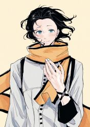 1boy black_hair black_trim blue_eyes blush closed_mouth fingernails floating_hair hair_slicked_back highres long_scarf long_sleeves looking_at_viewer male_focus mochizuki_ryouji mole mole_under_eye otoko_haza persona persona_3 scarf shirt simple_background sleeve_cuffs smile solo suspenders upper_body white_shirt yellow_background yellow_scarf