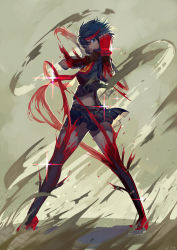10s 1girl adjusting_clothes adjusting_gloves black_hair black_thighhighs blood blue_eyes club3 crop_top crop_top_overhang female_focus fingerless_gloves from_behind full_body gloves green_background hemokinesis high_heels highres kill_la_kill legs_apart looking_at_viewer looking_back matoi_ryuuko midriff miniskirt multicolored_hair pleated_skirt red_gloves red_hair red_shoes senketsu shoes short_hair signature skirt smile solo sparkle standing streaked_hair suspenders thighhighs transformation two-tone_hair